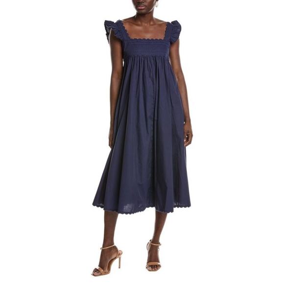 O.P.T. Kalliope Midi Dress Navy Blue Ruffle Straps Pockets Cotton Sz S - Picture 1 of 10